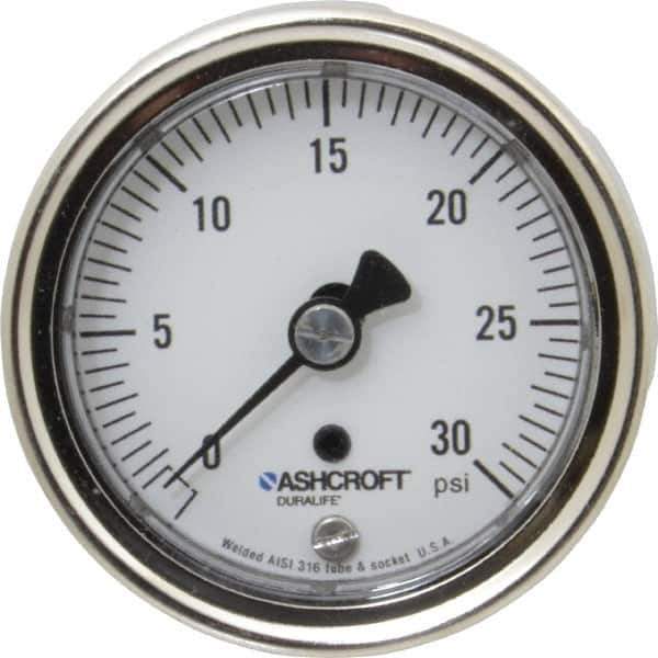 Ashcroft - 2-1/2" Dial, 1/4 Thread, 0-30 Scale Range, Pressure Gauge - Center Back Connection Mount, Accurate to 1% of Scale - Industrial Tool & Supply