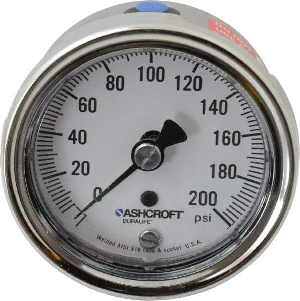 Ashcroft - 2-1/2" Dial, 1/4 Thread, 0-200 Scale Range, Pressure Gauge - Lower Back Connection Mount, Accurate to 1% of Scale - Industrial Tool & Supply