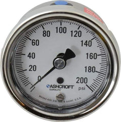 Ashcroft - 2-1/2" Dial, 1/4 Thread, 0-200 Scale Range, Pressure Gauge - Lower Back Connection Mount, Accurate to 1% of Scale - Industrial Tool & Supply