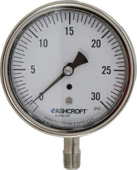 Ashcroft - 3-1/2" Dial, 1/4 Thread, 0-30 Scale Range, Pressure Gauge - Lower Connection Mount, Accurate to 1% of Scale - Industrial Tool & Supply