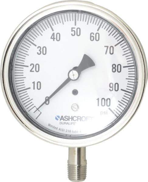 Ashcroft - 3-1/2" Dial, 1/4 Thread, 0-100 Scale Range, Pressure Gauge - Lower Connection Mount, Accurate to 1% of Scale - Industrial Tool & Supply