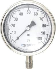 Ashcroft - 3-1/2" Dial, 1/4 Thread, 0-100 Scale Range, Pressure Gauge - Lower Connection Mount, Accurate to 1% of Scale - Industrial Tool & Supply