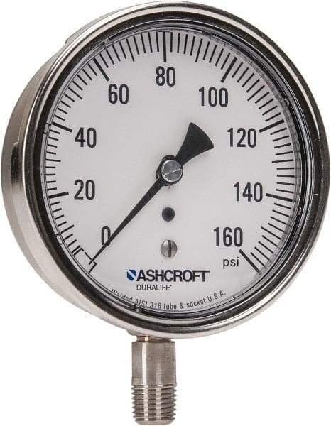 Ashcroft - 3-1/2" Dial, 1/4 Thread, 0-160 Scale Range, Pressure Gauge - Lower Connection Mount, Accurate to 1% of Scale - Industrial Tool & Supply