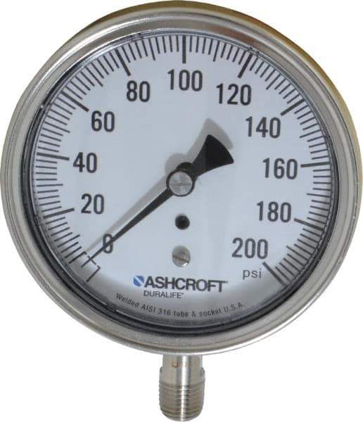 Ashcroft - 3-1/2" Dial, 1/4 Thread, 0-200 Scale Range, Pressure Gauge - Lower Connection Mount, Accurate to 1% of Scale - Industrial Tool & Supply