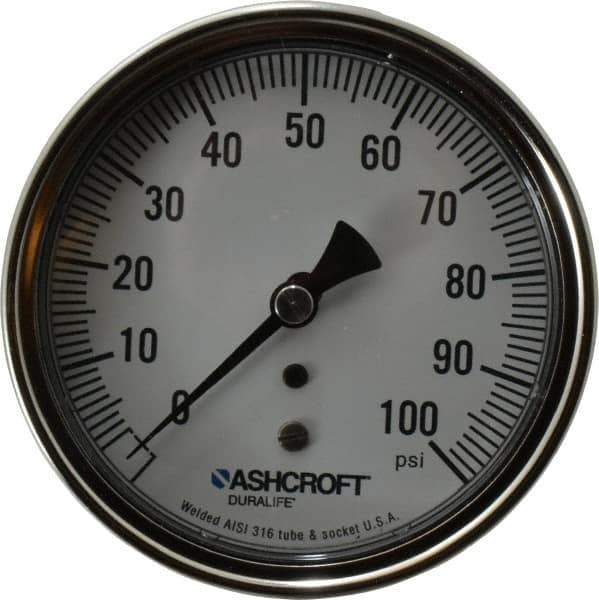 Ashcroft - 3-1/2" Dial, 1/4 Thread, 0-100 Scale Range, Pressure Gauge - Center Back Connection Mount, Accurate to 1% of Scale - Industrial Tool & Supply
