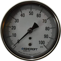 Ashcroft - 3-1/2" Dial, 1/4 Thread, 0-100 Scale Range, Pressure Gauge - Center Back Connection Mount, Accurate to 1% of Scale - Industrial Tool & Supply