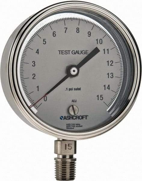 Ashcroft - 3" Dial, 1/4 Thread, 0-15 Scale Range, Pressure Gauge - Lower Connection Mount, Accurate to 0.5% of Scale - Industrial Tool & Supply