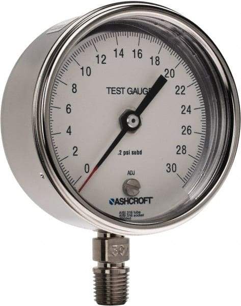 Ashcroft - 3" Dial, 1/4 Thread, 0-30 Scale Range, Pressure Gauge - Lower Connection Mount, Accurate to 0.5% of Scale - Industrial Tool & Supply