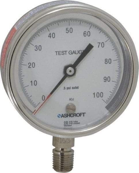 Ashcroft - 3" Dial, 1/4 Thread, 0-100 Scale Range, Pressure Gauge - Lower Connection Mount, Accurate to 0.5% of Scale - Industrial Tool & Supply