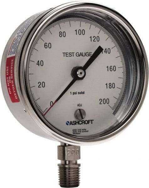 Ashcroft - 3" Dial, 1/4 Thread, 0-200 Scale Range, Pressure Gauge - Lower Connection Mount, Accurate to 0.5% of Scale - Industrial Tool & Supply