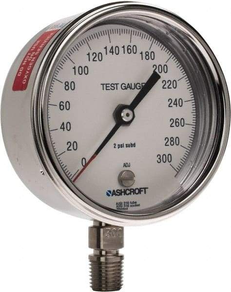 Ashcroft - 3" Dial, 1/4 Thread, 0-300 Scale Range, Pressure Gauge - Lower Connection Mount, Accurate to 0.5% of Scale - Industrial Tool & Supply