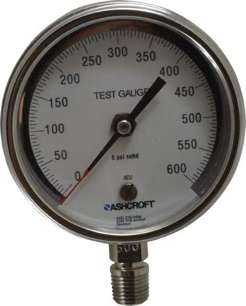 Ashcroft - 3" Dial, 1/4 Thread, 0-600 Scale Range, Pressure Gauge - Lower Connection Mount, Accurate to 0.5% of Scale - Industrial Tool & Supply