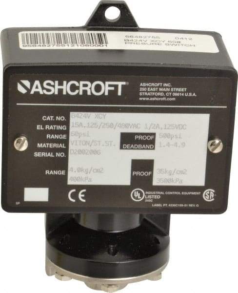 Ashcroft - 9 to 60 psi Adjustable Range, 500 Max psi, Watertight Single Setpoint - 1/4 Thread - Industrial Tool & Supply