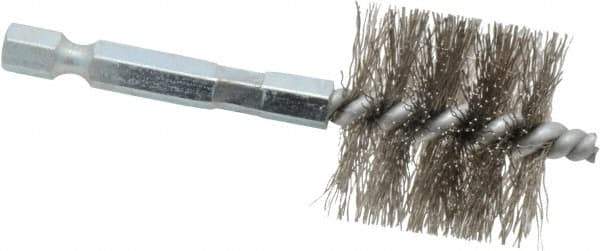 Schaefer Brush - 1 Inch Inside Diameter, 1-3/16 Inch Actual Brush Diameter, Stainless Steel, Power Fitting and Cleaning Brush - 1/4 Shank Diameter, 3-1/8 Inch Long, Hex Shaft Stem, 1-1/8 Inch Refrigeration Outside Diameter - Industrial Tool & Supply