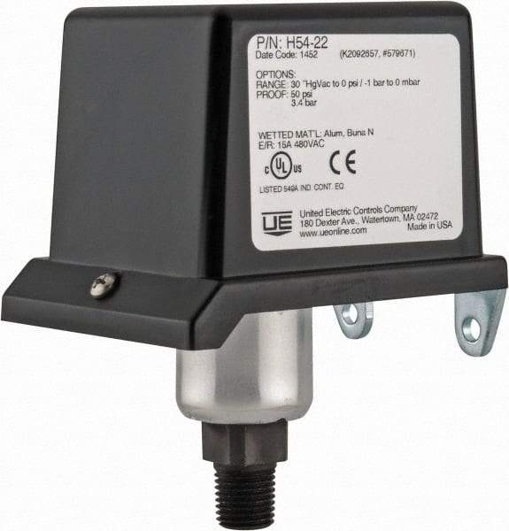 United Electric Controls - 30 to 0" Hg VAC Adjustable Range, General Purpose Diaphragm - 1/4 Thread - Industrial Tool & Supply