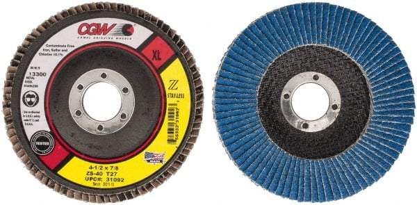 Camel Grinding Wheels - 40 Grit, 4-1/2" Disc Diam, 7/8" Center Hole, Type 27 Zirconia Alumina Flap Disc - 13,300 Max RPM, Polyester Backing, Arbor Attaching System, Coated - Industrial Tool & Supply