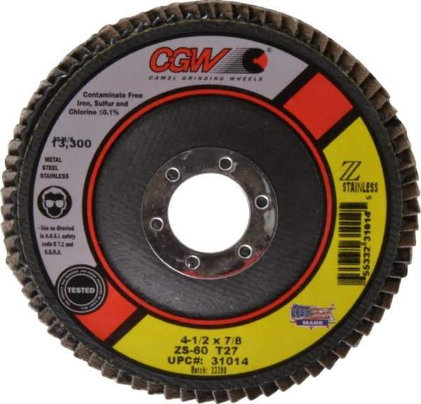 Camel Grinding Wheels - 60 Grit, 4-1/2" Disc Diam, 7/8" Center Hole, Type 27 Zirconia Alumina Flap Disc - 13,300 Max RPM, Polyester Backing, Arbor Attaching System, Coated - Industrial Tool & Supply