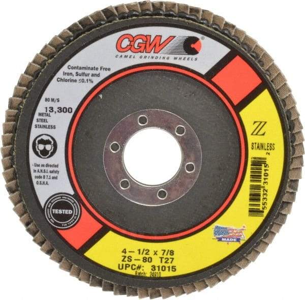 Camel Grinding Wheels - 80 Grit, 4-1/2" Disc Diam, 7/8" Center Hole, Type 27 Zirconia Alumina Flap Disc - 13,300 Max RPM, Polyester Backing, Arbor Attaching System, Coated - Industrial Tool & Supply