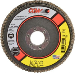 Camel Grinding Wheels - 80 Grit, 4-1/2" Disc Diam, 7/8" Center Hole, Type 27 Zirconia Alumina Flap Disc - 13,300 Max RPM, Polyester Backing, Arbor Attaching System, Coated - Industrial Tool & Supply