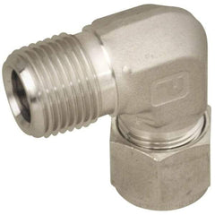 Parker - 1/4" OD, Stainless Steel Male Elbow - -425 to 1,200°F, 7/8" Hex, Comp x MNPT Ends - Industrial Tool & Supply