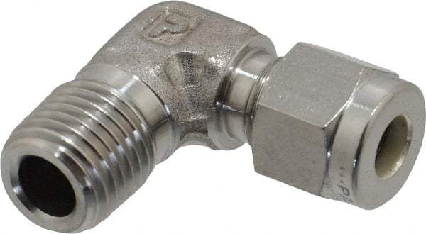 Parker - 1/4" OD, Stainless Steel Male Elbow - 0 to 1,200°F, 9/16" Hex, Comp x MNPT Ends - Industrial Tool & Supply