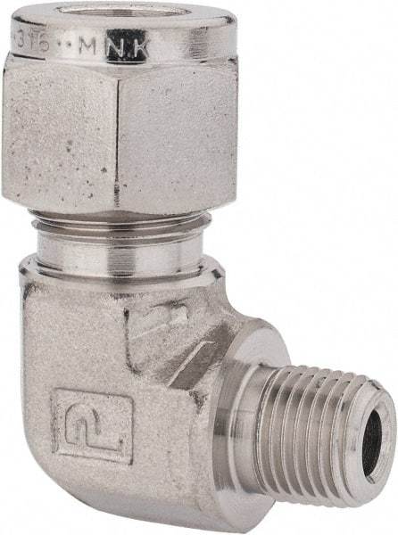 Parker - 3/8" OD, Stainless Steel Male Elbow - -425 to 1,200°F, 5/8" Hex, Comp x MNPT Ends - Industrial Tool & Supply