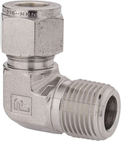 Parker - 1/2" OD, Stainless Steel Male Elbow - 7/8" Hex, Comp x MNPT Ends - Industrial Tool & Supply