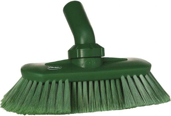 Vikan - 1-1/2" Bristle Length, Polyester Wash Brush - 7-3/4" Long x 3" Wide Head, 8" OAL, European Threaded Handle, Green, Polypropylene Block, Flagged - Industrial Tool & Supply
