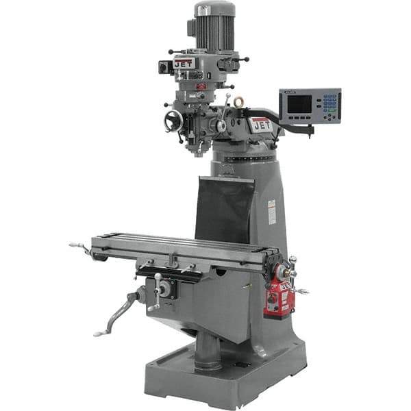 Jet - 9" Table Width x 42" Table Length, Step Pulley Control, 3 Phase Knee Milling Machine - R8 Spindle Taper, 2 hp - Industrial Tool & Supply