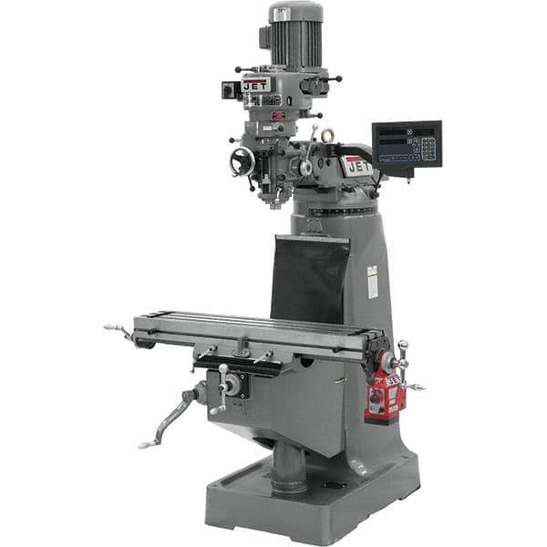 Jet - 9" Table Width x 42" Table Length, Step Pulley Control, 3 Phase Knee Milling Machine - R8 Spindle Taper, 2 hp - Industrial Tool & Supply