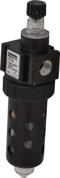 Parker - 3/8" NPT, 150 Max psi Compact Micro Mist Lubricator - Polycarbonate Bowl with Sight Glass, Zinc Body, 40 CFM, 125°F Max Temp, 2" Wide x 7.38" High - Industrial Tool & Supply