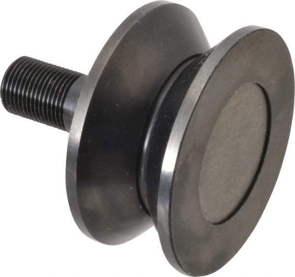 Accurate Bushing - 3-1/2" Roller Diam x 1-11/16" Width, 7/8" Stud Diam x 2" Length, V Guide Roller - Steel, 1-1/8" Thread Length, 7/8-14 Thread, 3,490 Lb Dynamic Cap, 2,000 Lb Static Cap - Industrial Tool & Supply