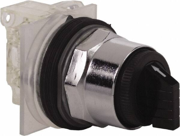 Schneider Electric - 1.18 Inch Mount Hole, 3 Position, Knob and Pushbutton Operated, Selector Switch - Black, Momentary (MO), NO/NC, Weatherproof and Dust and Oil Resistant - Industrial Tool & Supply