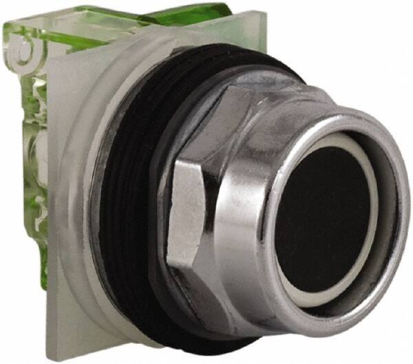 Schneider Electric - 30mm Mount Hole, Extended Straight, Pushbutton Switch with Contact Block - Black Pushbutton, Momentary (MO) - Industrial Tool & Supply