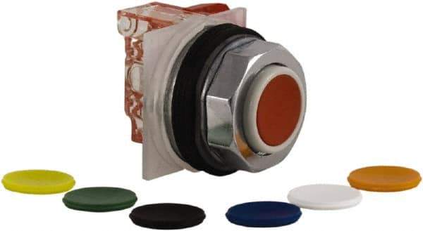 Schneider Electric - 30mm Mount Hole, Extended Straight, Pushbutton Switch with Contact Block - Multicolored Pushbutton, Momentary (MO) - Industrial Tool & Supply