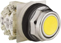 Schneider Electric - 30mm Mount Hole, Extended Straight, Pushbutton Switch with Contact Block - Yellow Pushbutton, Momentary (MO) - Industrial Tool & Supply