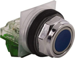 Schneider Electric - 30mm Mount Hole, Extended Straight, Pushbutton Switch with Contact Block - Blue Pushbutton, Momentary (MO) - Industrial Tool & Supply
