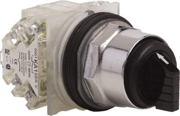 Schneider Electric - 1.18 Inch Mount Hole, 3 Position, Knob and Pushbutton Operated, Selector Switch - Black, Momentary (MO), 2NO/2NC, Weatherproof and Dust and Oil Resistant - Industrial Tool & Supply