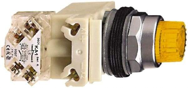 Schneider Electric - 1.22 Inch Mount Hole, Extended Mushroom Head, Pushbutton Switch with Contact Block - Round, Yellow Pushbutton, Illuminated, Momentary (MO), Dusttight, Oiltight, Watertight and Shock and Vibration Resistant - Industrial Tool & Supply