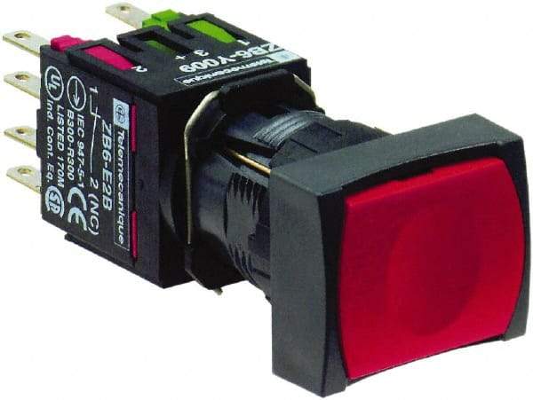 Schneider Electric - 16mm Mount Hole, Flush, Pushbutton Switch with Contact Block - Rectangle, Red Pushbutton, Momentary (MO) - Industrial Tool & Supply
