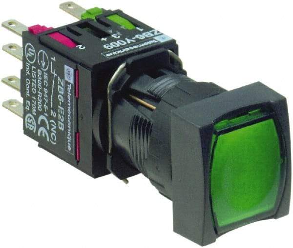 Schneider Electric - 16mm Mount Hole, Flush, Pushbutton Switch with Contact Block - Square, Green Pushbutton, Illuminated, Momentary (MO) - Industrial Tool & Supply