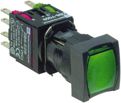 Schneider Electric - 16mm Mount Hole, Flush, Pushbutton Switch with Contact Block - Square, Green Pushbutton, Illuminated, Momentary (MO) - Industrial Tool & Supply