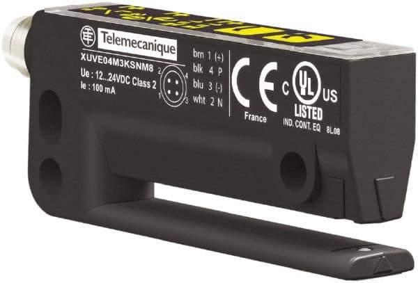 Telemecanique Sensors - 4 Pin M8 Connector, 3mm Nominal Distance, Shock and Vibration Resistant, Through Beam Photoelectric Sensor - 12 to 24 VDC, 10 kHz, Polyamide, 64mm Long x 10mm Wide x 25mm High - Industrial Tool & Supply