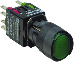 Schneider Electric - 16mm Mount Hole, Flush, Pushbutton Switch with Contact Block - Round, Green Pushbutton, Illuminated, Momentary (MO) - Industrial Tool & Supply