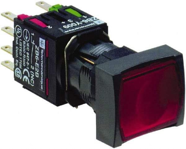 Schneider Electric - 16mm Mount Hole, Flush, Pushbutton Switch with Contact Block - Rectangle, Red Pushbutton, Illuminated, Momentary (MO) - Industrial Tool & Supply