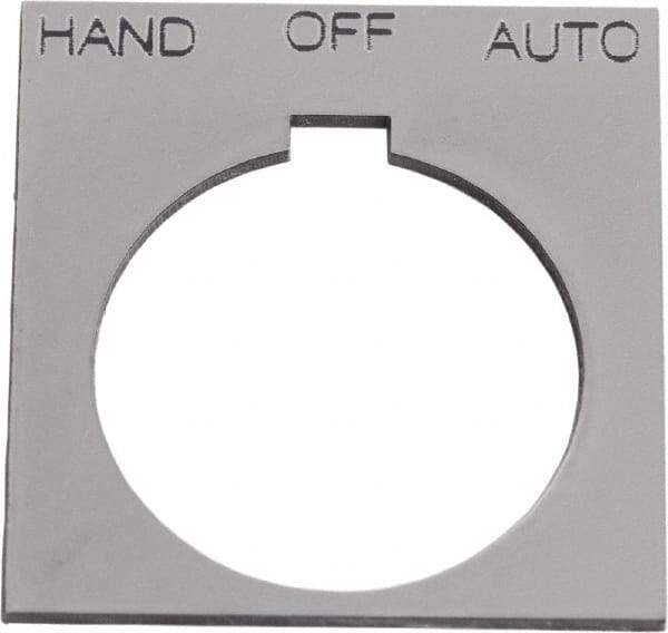 Schneider Electric - Square, Plastic Legend Plate - Hand-Off-Auto - Silver Background, Black Letters, 1.2 Inch Hole Diameter, 1-3/4 Inch Square - Industrial Tool & Supply