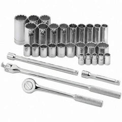 SK - 1/2" Drive Standard Deep Socket Set - 3/8 to 1-1/4", Inch Measurement Standard - Industrial Tool & Supply
