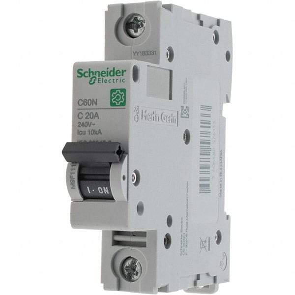 Schneider Electric - 20 Amp, 440 VAC, 1 Pole, DIN Rail Mounted Miniature Circuit Breaker - Magnetic Trip, Multiple Breaking Capacity Ratings, 18-4 AWG, 76mm Deep x 81mm High x 18mm Wide - Industrial Tool & Supply