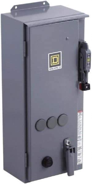Square D - 3 Pole, 600 VAC, 27 Continuous Amp, 10 hp, Enclosed NEMA Combination Starter - NEMA 12, 30 Amp Short Circuit Protection - Industrial Tool & Supply
