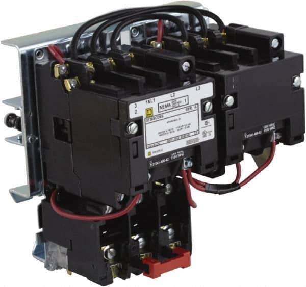 Square D - 220 Coil VAC at 50 Hz, 240 Coil VAC at 60 Hz, 27 Amp, NEMA Size 1, Reversible Open Enclosure NEMA Motor Starter - 1 Phase hp: 2 at 115 VAC, 3 at 230 VAC - Industrial Tool & Supply